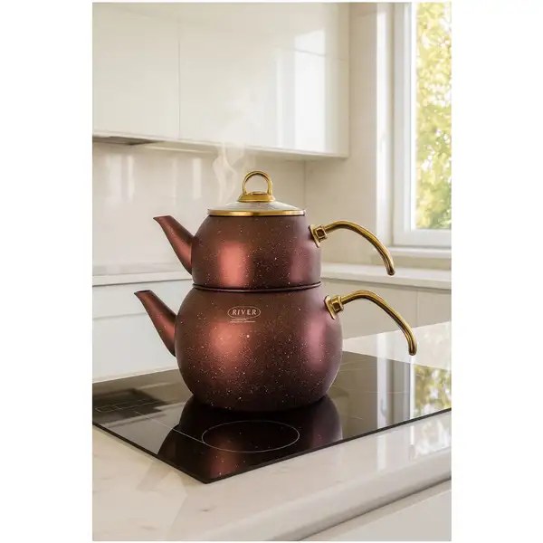 پخش عمده کتری و قوری گرانیتی دسته طلایی لوله دار ریور