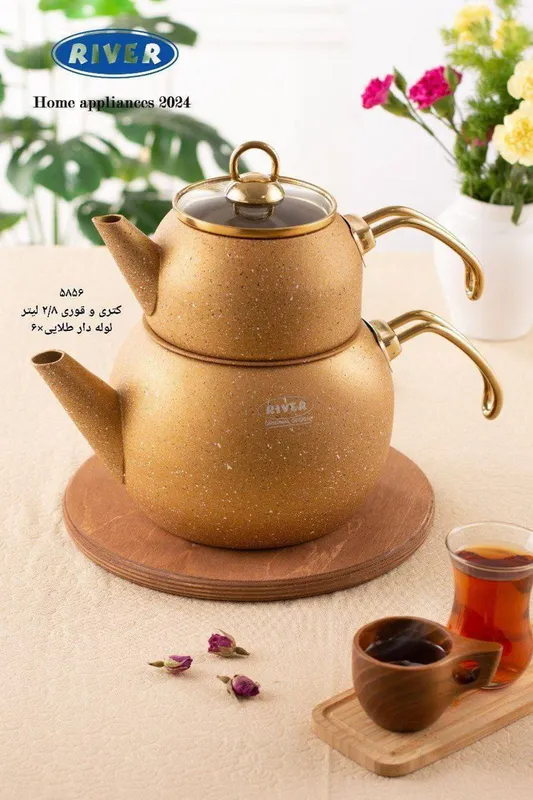 پخش عمده کتری و قوری گرانیتی دسته طلایی لوله دار ریور gallery1