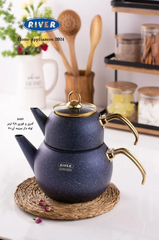 پخش عمده کتری و قوری گرانیتی دسته طلایی لوله دار ریور gallery3