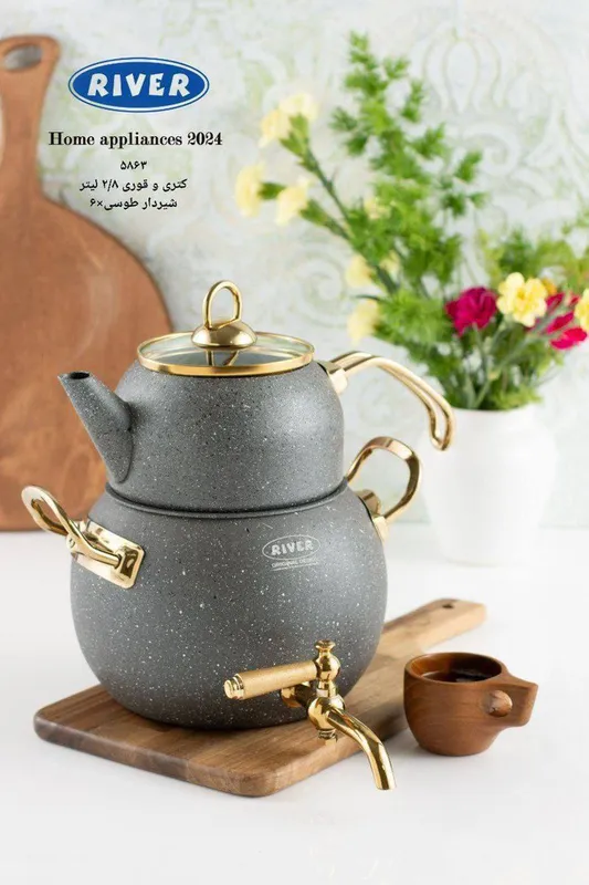 پخش عمده کتری و قوری گرانیتی دسته طلایی شیردار ریور gallery4