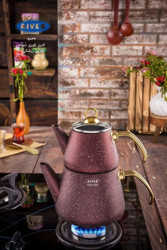 پخش عمده کتری و قوری گرانیتی دسته طلایی لوله دار ریور gallery3